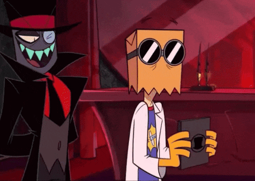 a cartoon character with a paper bag on his head stands next to another character