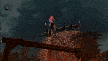 a woman in armor stands in front of a huge brain