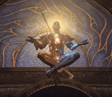 a statue of a man sitting in a lotus position with a sword in his hand