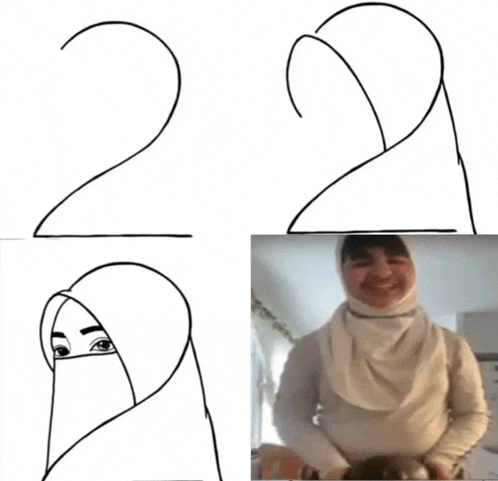 a drawing of a woman wearing a hijab and a picture of a woman smiling