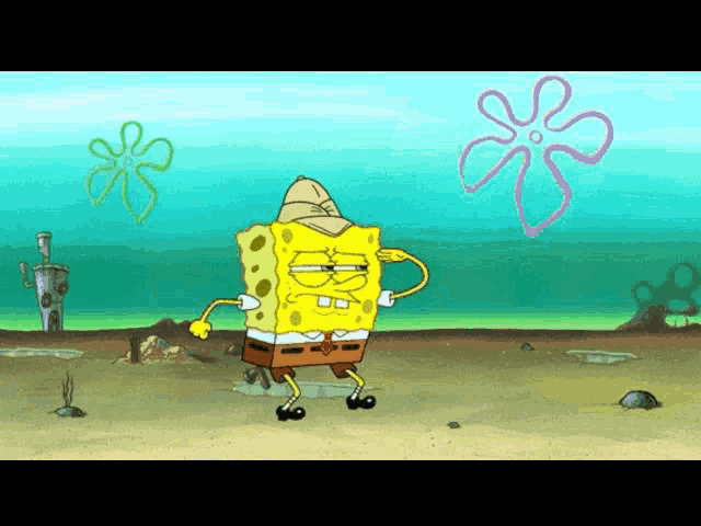 a cartoon of spongebob wearing a hat dancing