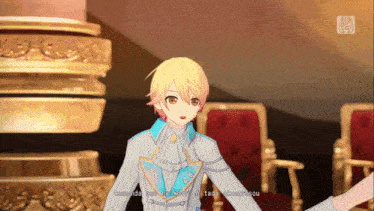 a video game character is standing in front of a throne with the words tamada on the bottom right