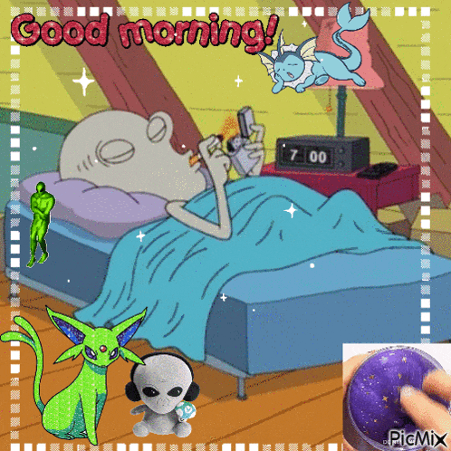 a cartoon of a man laying in bed with the words good morning written on it