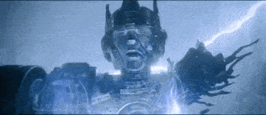 a robot is being destroyed by a lightning bolt in a dark room