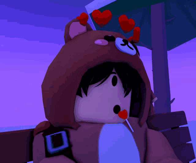 a girl in a teddy bear costume is holding a red lollipop in her mouth