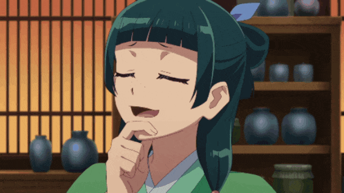 a girl with green hair is making a funny face in front of a shelf of vases