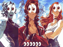 a pixel art of three girls with big eyes and the word ccc on the bottom