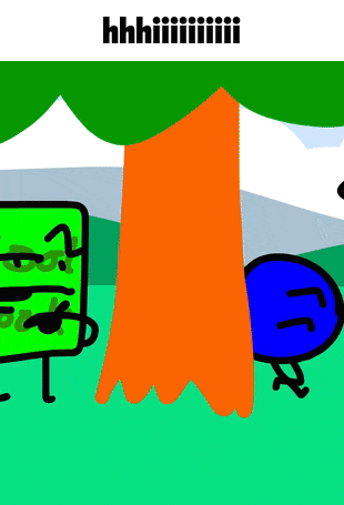a cartoon drawing of a tree and a blue object with the words hhhii written on the bottom
