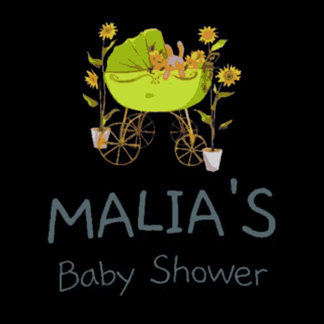 a baby shower invitation for malia 's with a green stroller and flowers