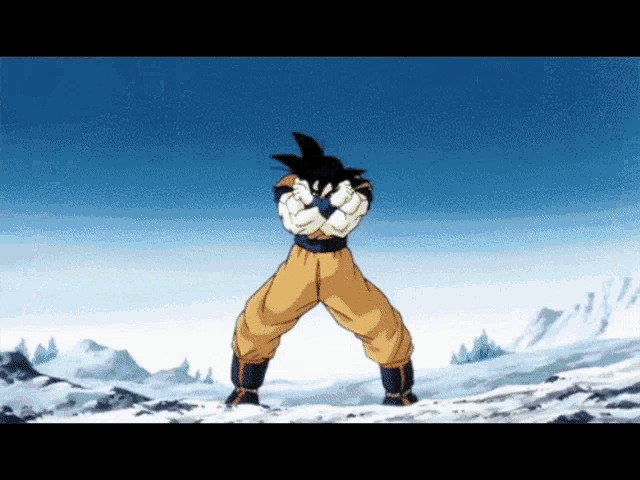 a cartoon character is standing in the snow with a blue sky behind him
