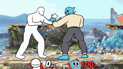 a cartoon of a man and a man in a mask fighting in a video game
