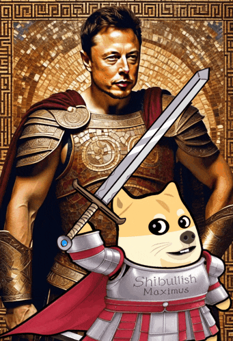 a painting of elon musk holding a sword next to a doge that says shibullish maximus