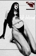 a black and white photo of a woman kneeling down with the words milk blood written on the bottom