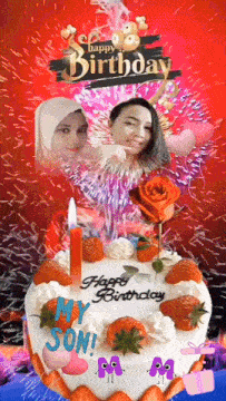 a birthday cake with strawberries and a candle says happy birthday my son