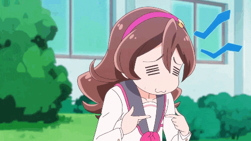 a cartoon girl with brown hair and a pink headband is making a funny face