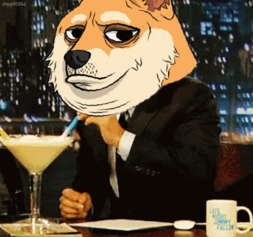 a man in a suit has a dog 's head on his face while drinking from a martini glass