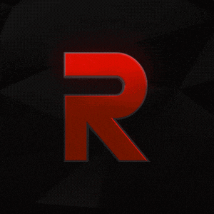 a red letter r with a black outline on a black background
