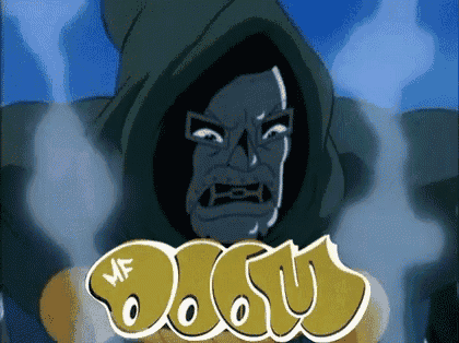 a cartoon drawing of a man with a green hood and the word doom on it