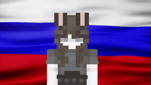 a pixel art of a girl with bunny ears standing in front of a flag