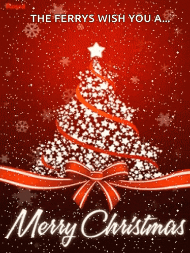 a merry christmas greeting card with a christmas tree on a red background