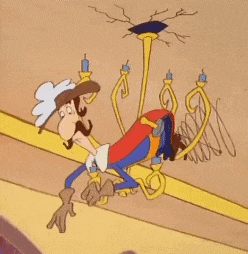 a cartoon character is falling from a chandelier .
