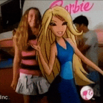 a girl is standing next to a barbie doll in front of a sign that says barbie