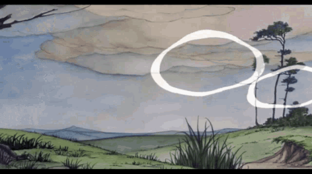 a painting of a landscape with circles in the sky and trees