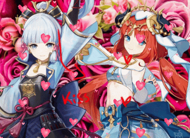 a couple of anime girls standing next to each other with hearts around them and the word kiss on the bottom