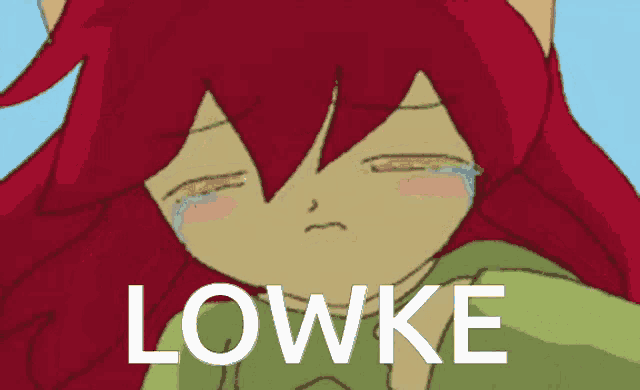 a cartoon of a girl with red hair crying with the word lowke below her