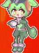 a cartoon character is wearing a green superhero costume and standing on a red background .