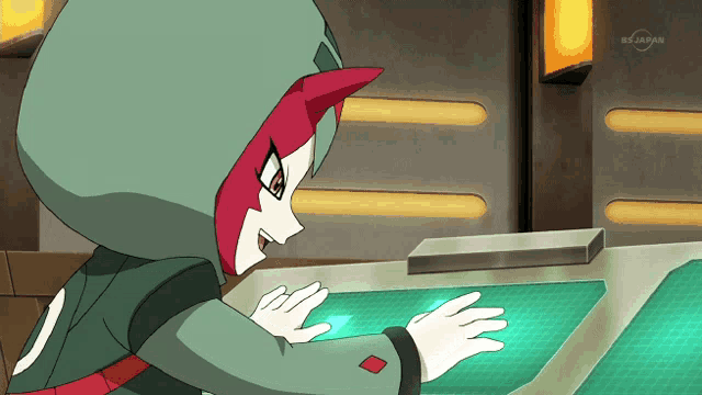 a cartoon character is looking at a screen that says bs japan on it