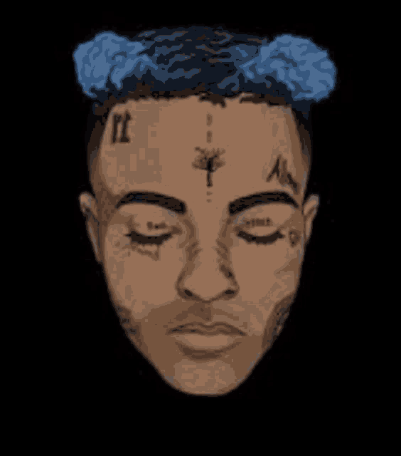 a close up of a man 's face with a tattoo on his forehead and a blue flower in his hair .