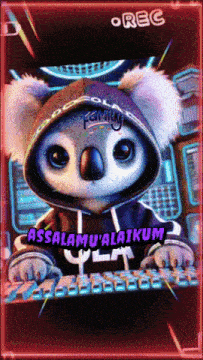 a koala bear wearing a hoodie is typing on a keyboard with the words assalamu ' alaikum written below it