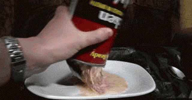a person is pouring a can of ready on a plate .