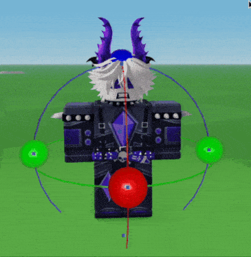a cartoon character with purple horns is surrounded by green and blue spheres