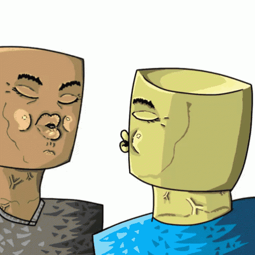a cartoon drawing of a man and a woman with their eyes closed looking at each other