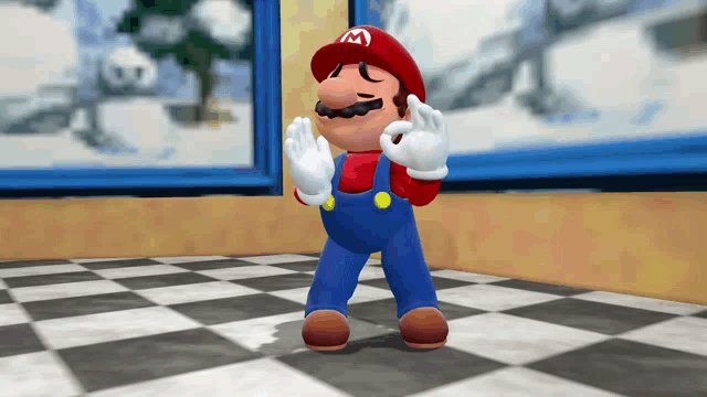 a video game character named mario is standing on a checkered floor and giving the ok sign
