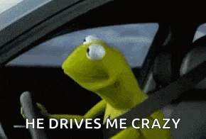 kermit the frog is driving a car with the words `` he drives me crazy '' written on the screen .