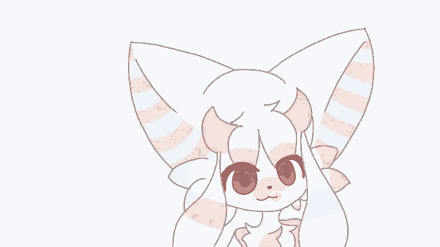 a drawing of a white rabbit with pink and blue ears