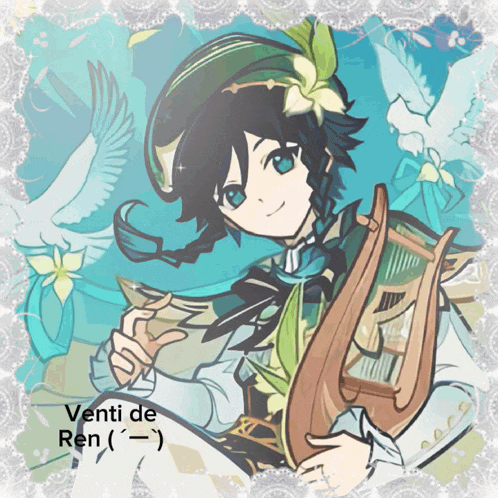 a drawing of venti de ren holding a harp and smiling