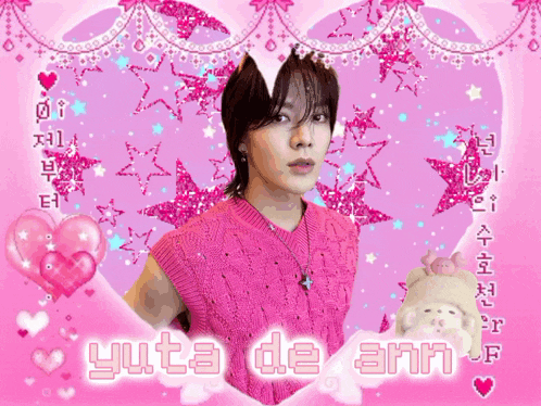 a picture of yuta de ann in a pink sweater