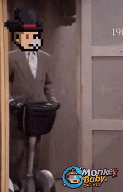 a pixel art of a man in a suit and top hat with monkey baby business written on the bottom