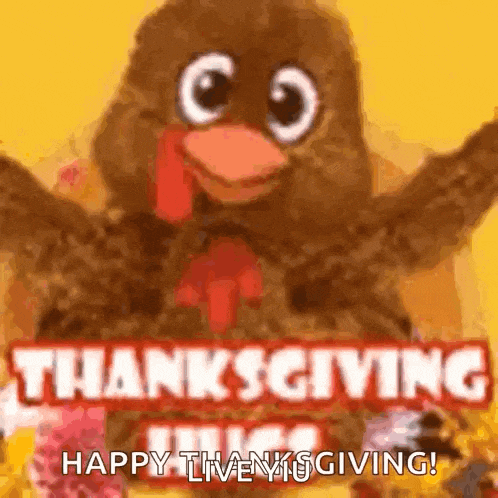 a stuffed turkey is holding up its arms and says `` happy thanksgiving '' .