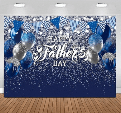 a happy father 's day backdrop with balloons and banners
