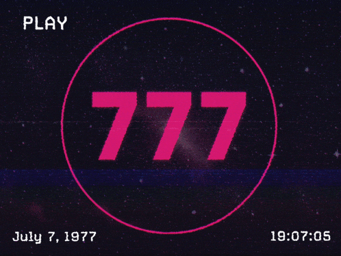 a purple background with the number 777 in a circle and the date july 7 1977