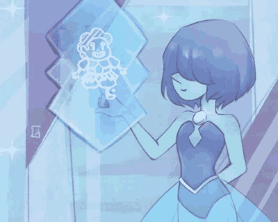 a drawing of a girl in a blue dress looking at a drawing of a bear
