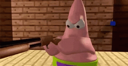 patrick star from spongebob squarepants is holding a gun in his hand in front of a brick wall .