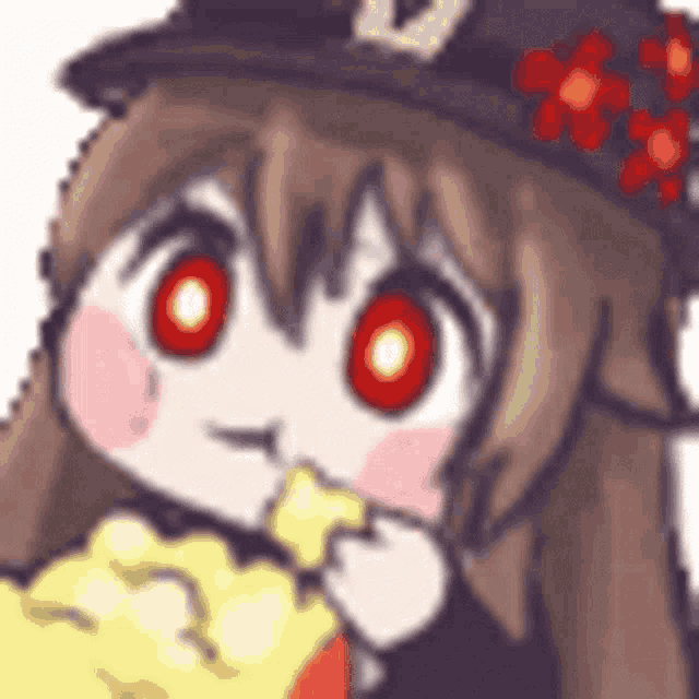 a cartoon girl with red eyes and a hat is eating a piece of cheese .