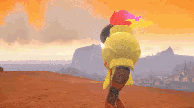 a cartoon character in a yellow jacket is standing on a hill with mountains in the background