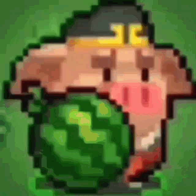 a pixel art of a pig holding a watermelon